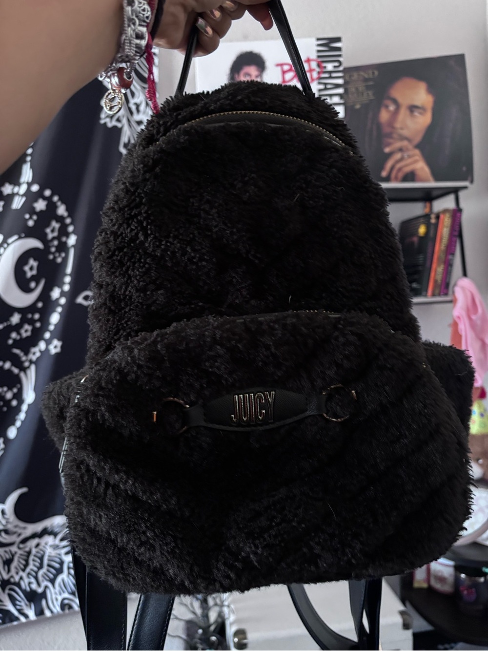 Juicy Couture Black Faux Fur Mini Backpack with Logo Plaque